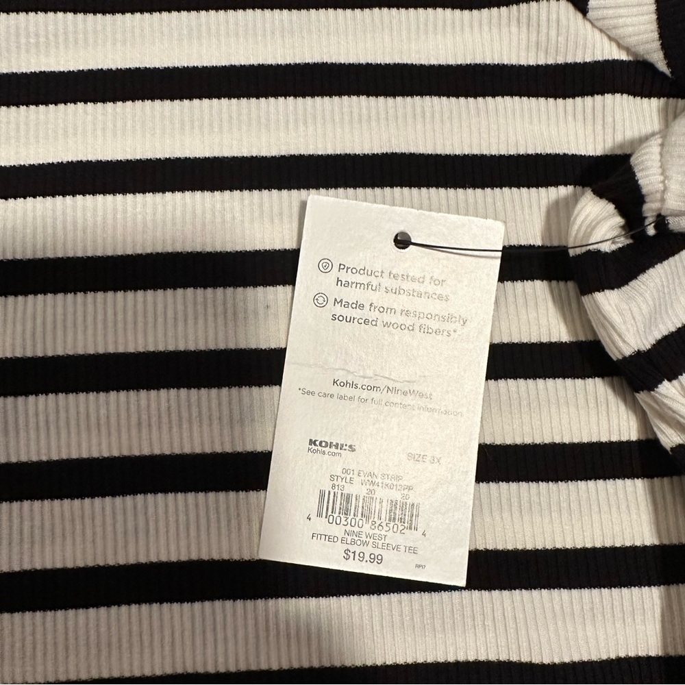 🖤 NWT Nine West Black & White Striped Elbow Sleeve Fitted Tee – Size 3X 🖤 - Picture 5 of 6